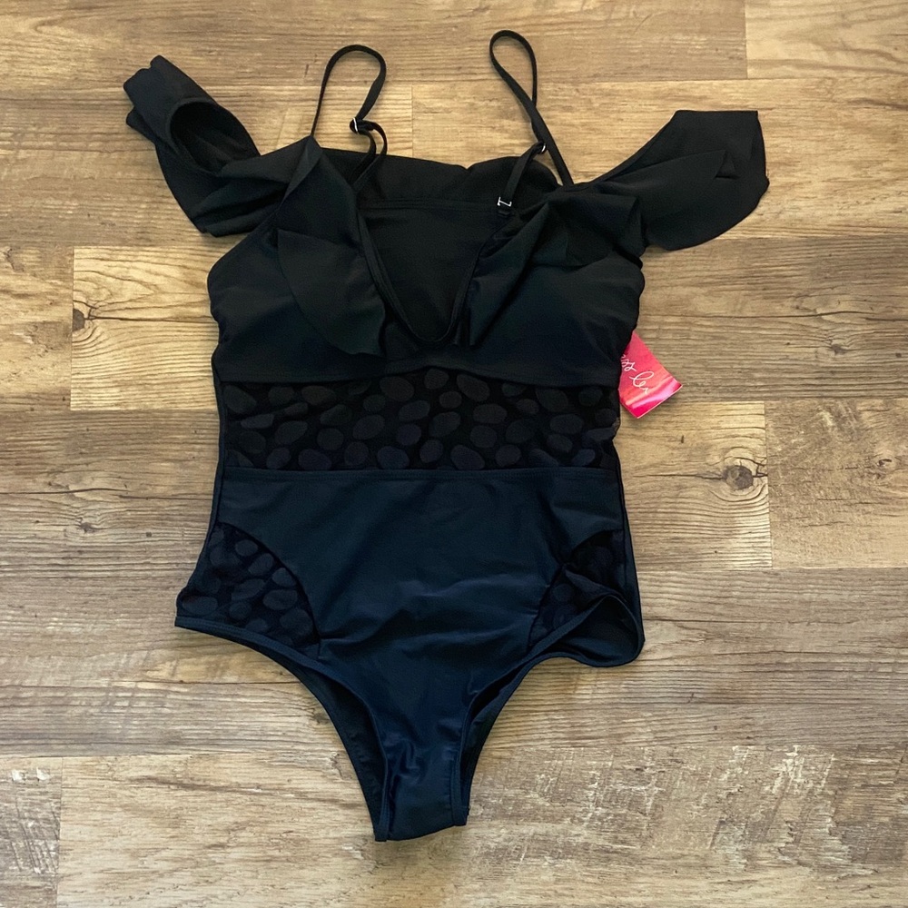 Women’s Black One-Piece Swimsuit with Mesh Insets